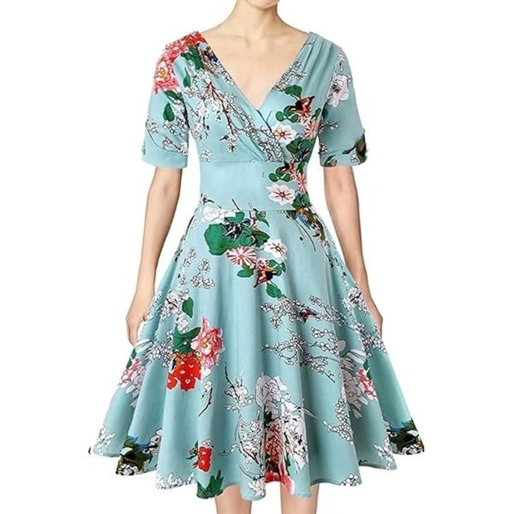 Mint Limit Women Dress‎ Large V-Neck Short Sleeves Green  Floral Print Retro.C30